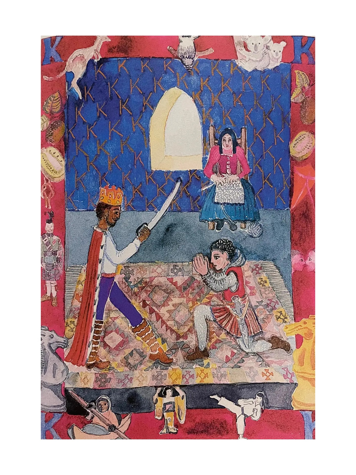 Illustration of a King standing in the shape of a K, knighting a knight, with lady knitting nearby