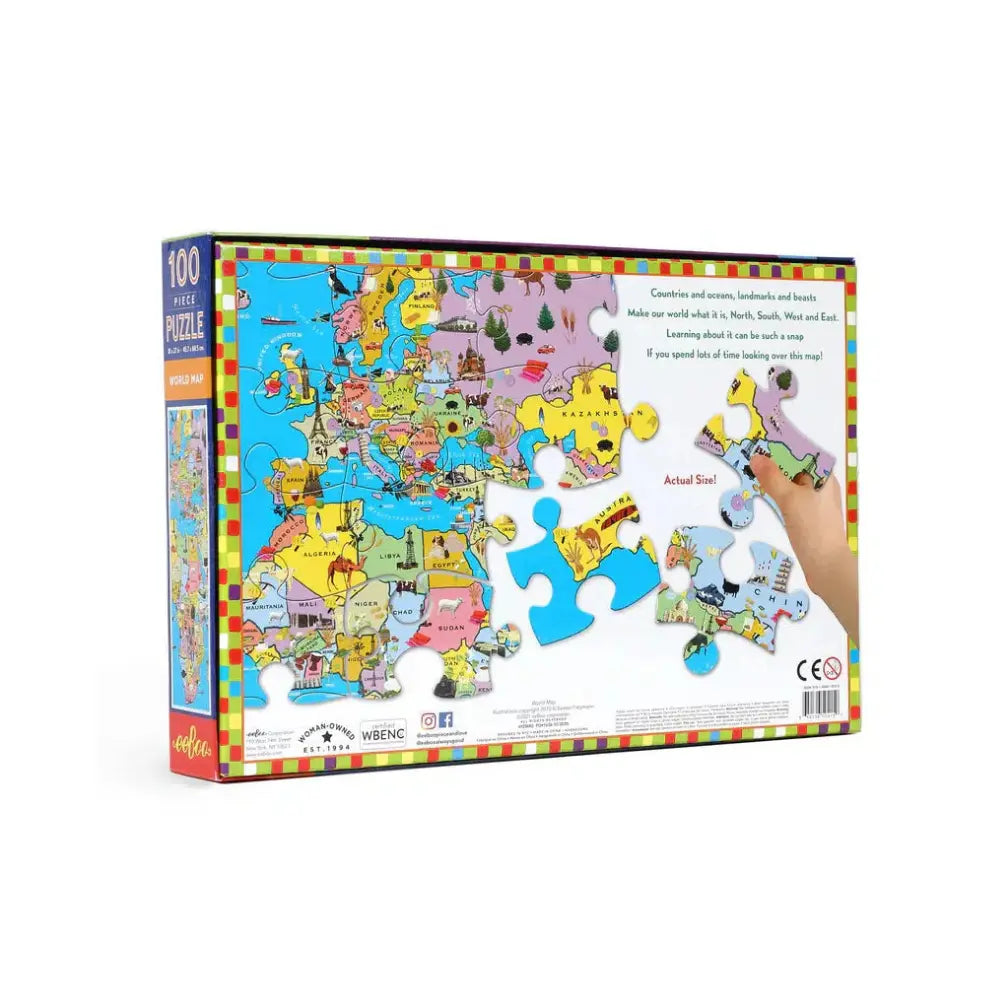 Back of eeBoo World Map 100 Piece Puzzle box showing large puzzle pieces and icon legend information