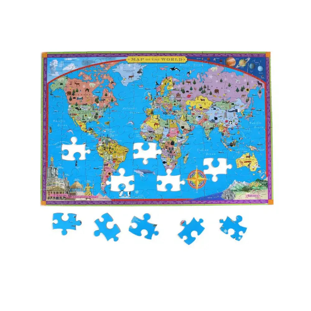 eeBoo World Map 100 Piece Puzzle shown partly completed with loose puzzle pieces