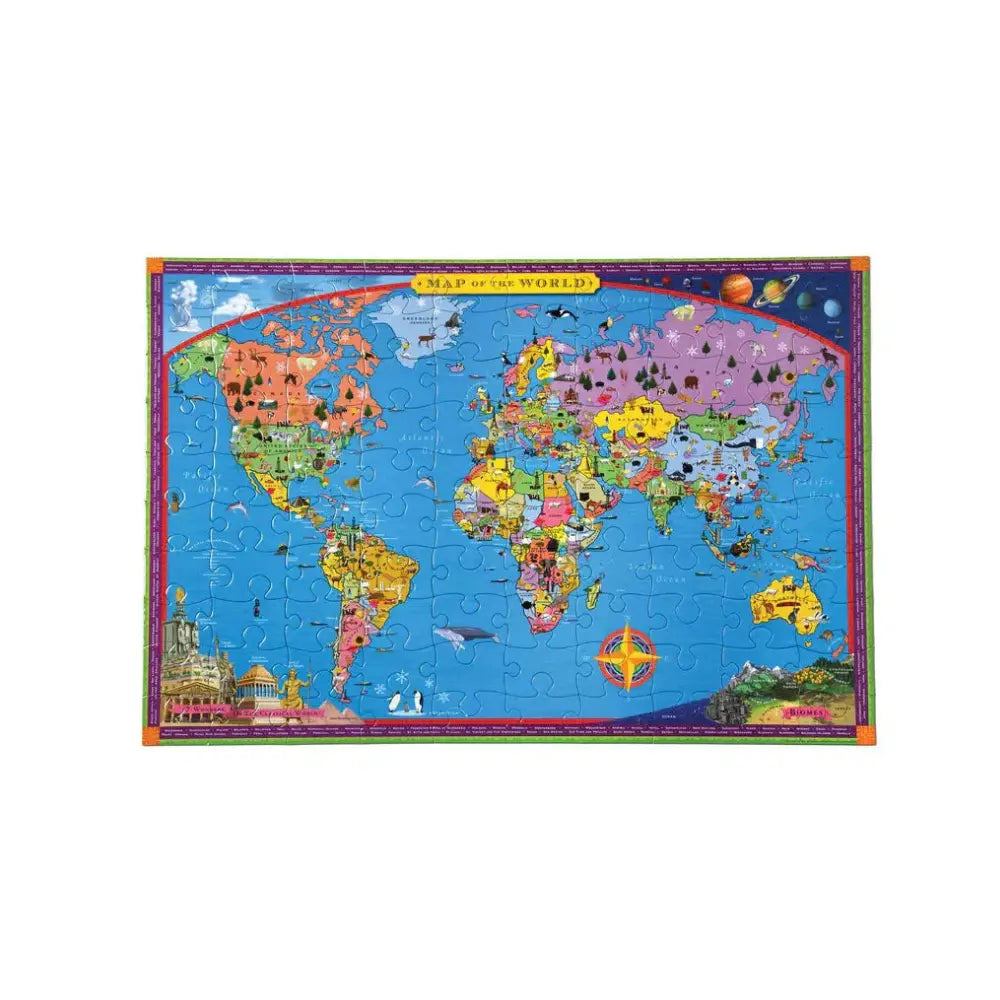Completed eeBoo World Map 100 Piece Puzzle showing countries, oceans, animals, and landmarks