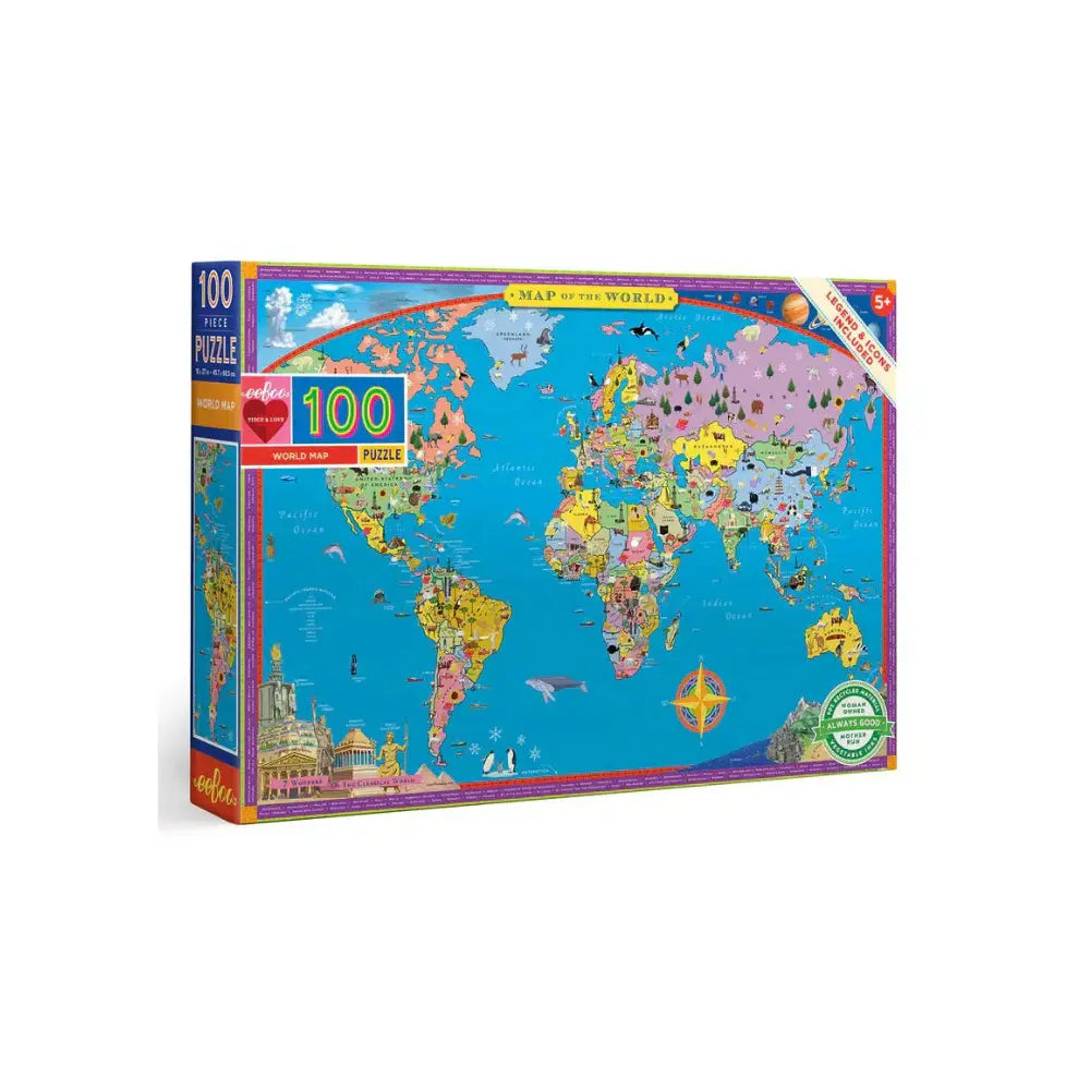 eeBoo World Map 100 Piece Puzzle box illustrated by Saxton Freymann for ages 5 and up
