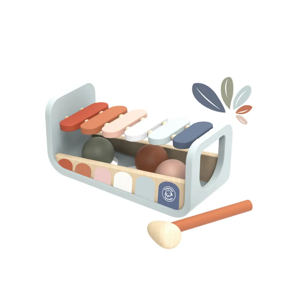 Side view of wooden xylophone hammer bench toy showing hammer slots and xylophone