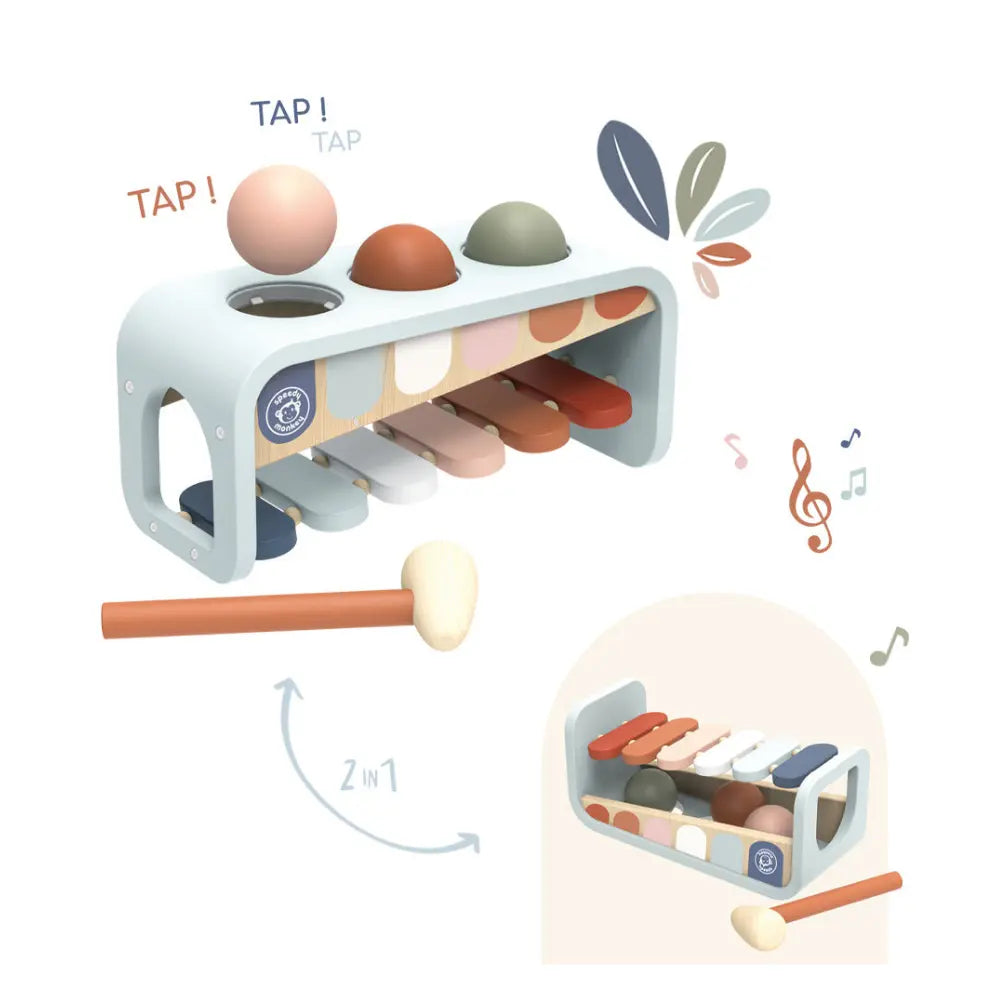 Wooden xylophone hammer bench toy diagram showing hammering and musical features