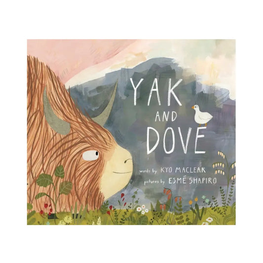 Picture book cover of 'Yak and Dove' with a yak and dove illustration on a mountain background.