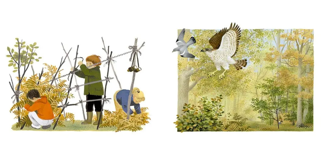 Illustration of children building a fort with trees and a hawk flying in a forest.
