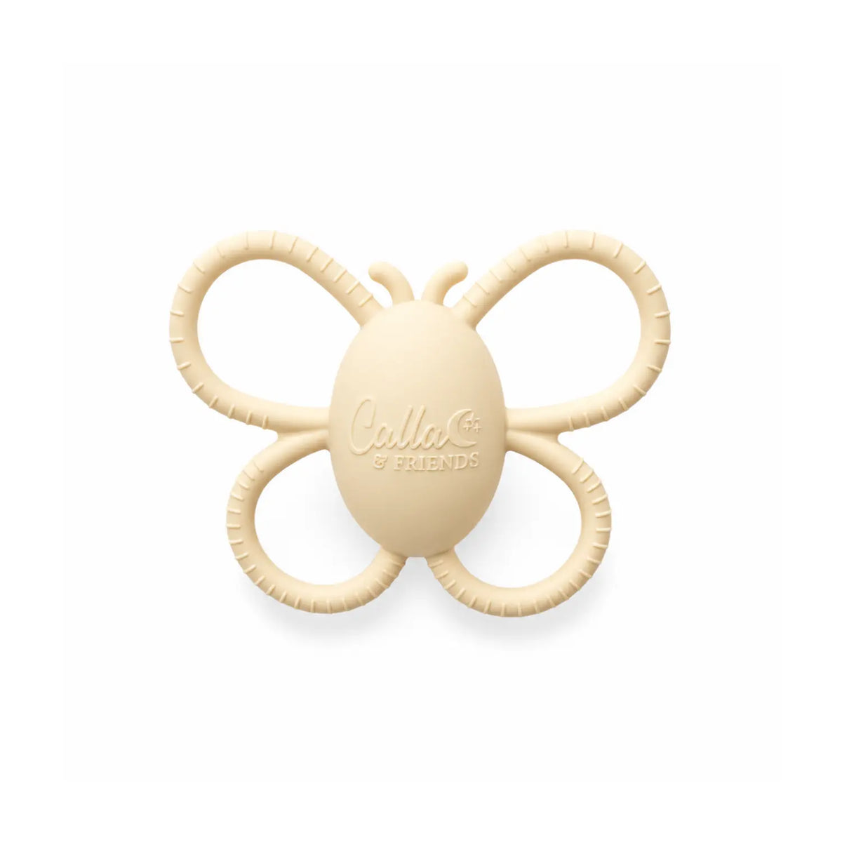 Lemon yellow Calla & Friends silicone butterfly rattle teether with easy-to-grasp textured wings