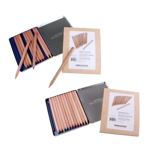 Set of Mercerus Yorik colored pencils with packaging and metal tins on a white background