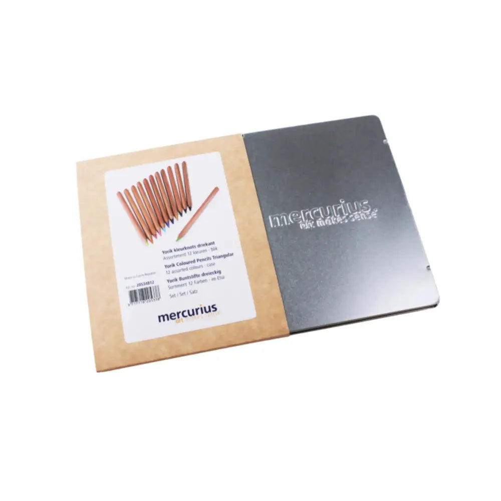 Mercurius Yorik colored pencil set with packaging sleeve and metal tin on a white background