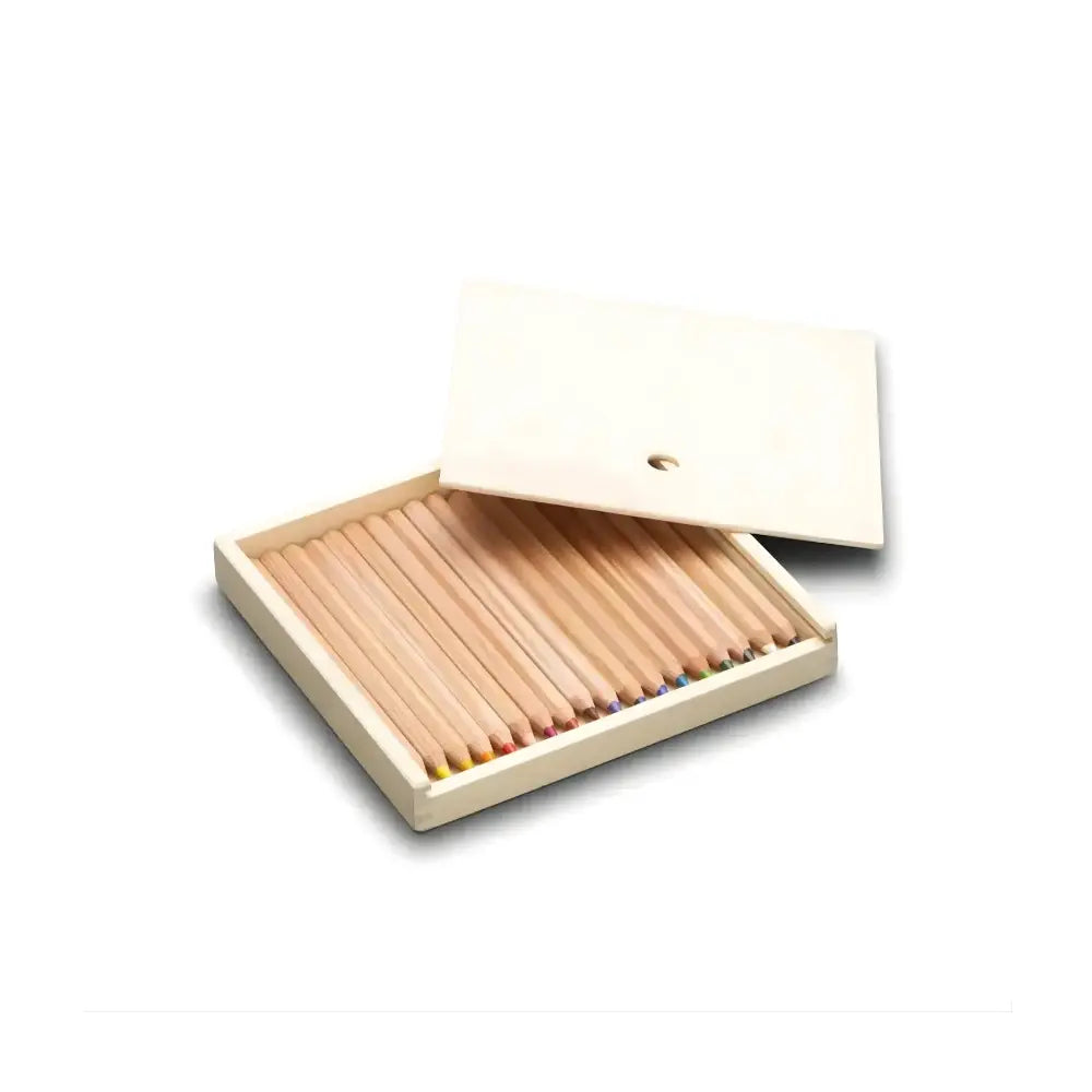 Set of wooden hexagonal colored pencils in an open box on a white background