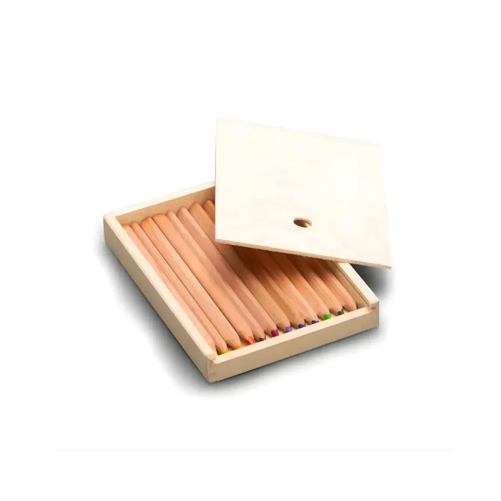 Set of colored pencils in a wooden box on a white background