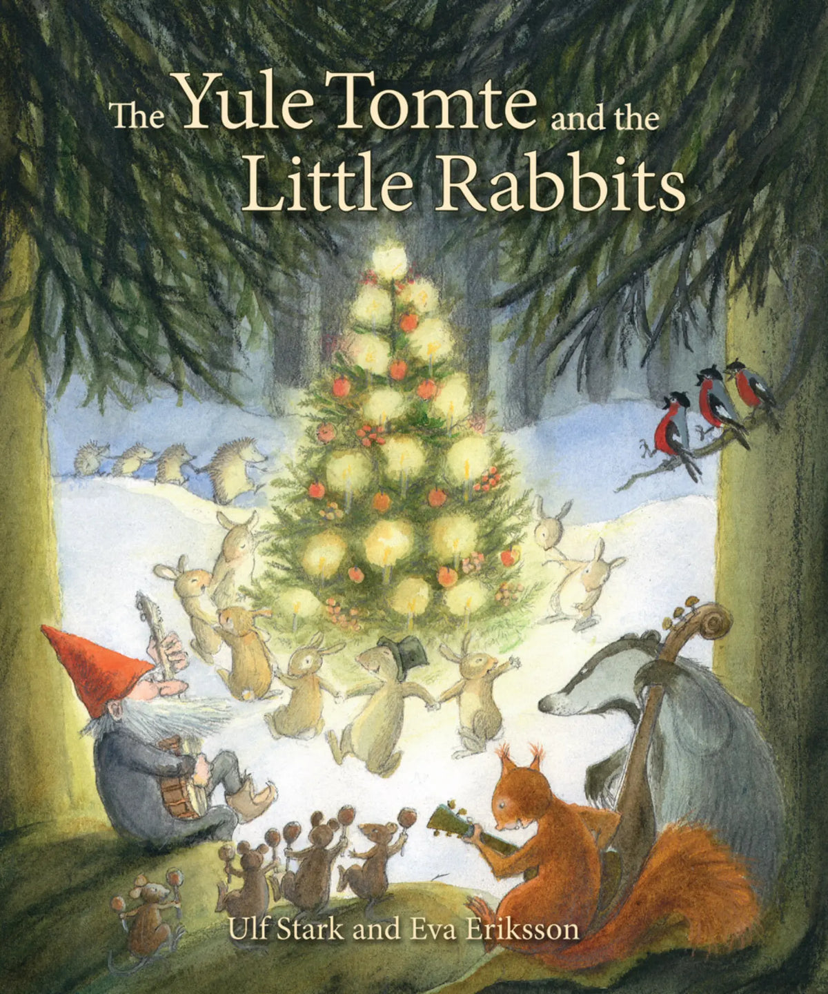 Illustrated book cover of 'The Yule Tomte and the Little Rabbits' with a festive scene featuring a gnome, rabbits, and a Christmas tree.