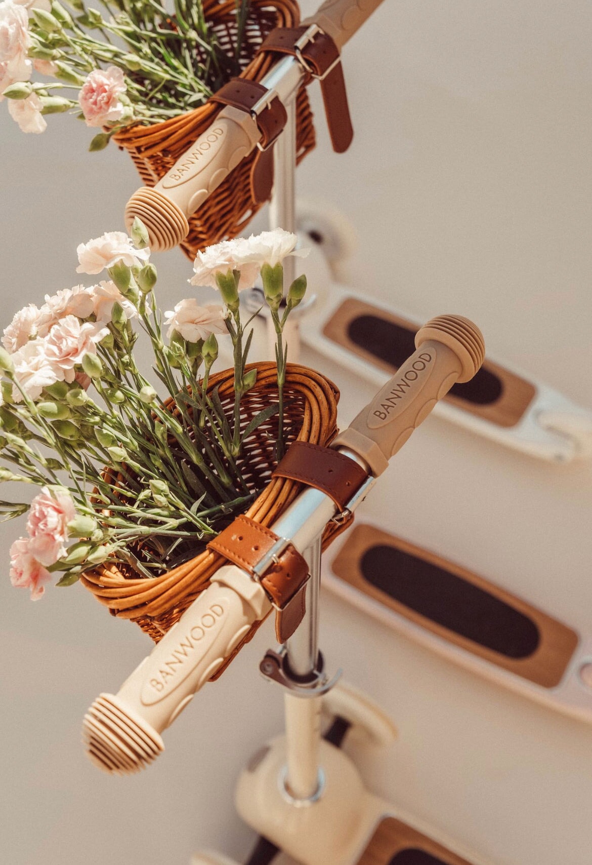 Banwood Three Wheel Scooter, Kids 3-6 yrs  with wicker baskets and flowers