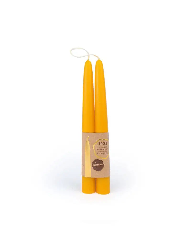 A Pair of Dipam 100% Beeswax Taper Candles – Hand-Dipped on white background