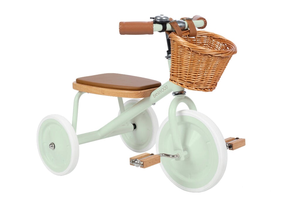 Banwood vintage toddler tricycle in mint side angle view on white background