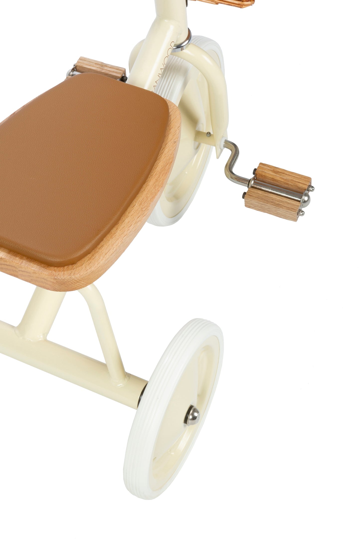 Banwood vintage trike toddler tricycle with close up of hard wood seat with seat padding on white