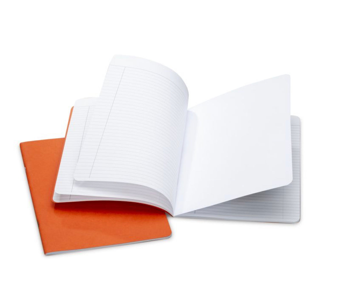 A4 Poetry Composition Book with orange cover shown open and closed, featuring lined writing pages and blank drawing pages.
