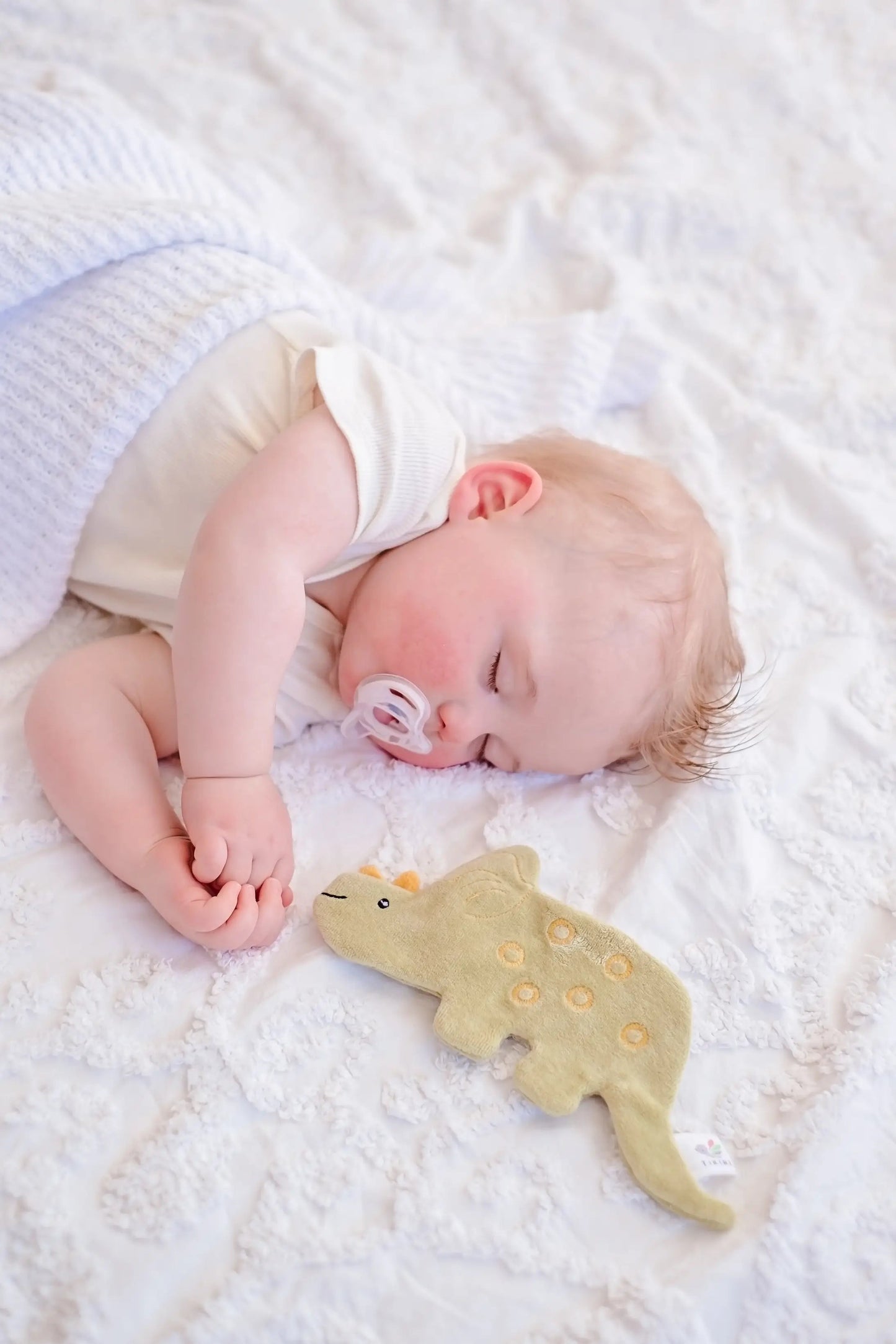 Baby sleeping next to green Triceratops crinkle toy