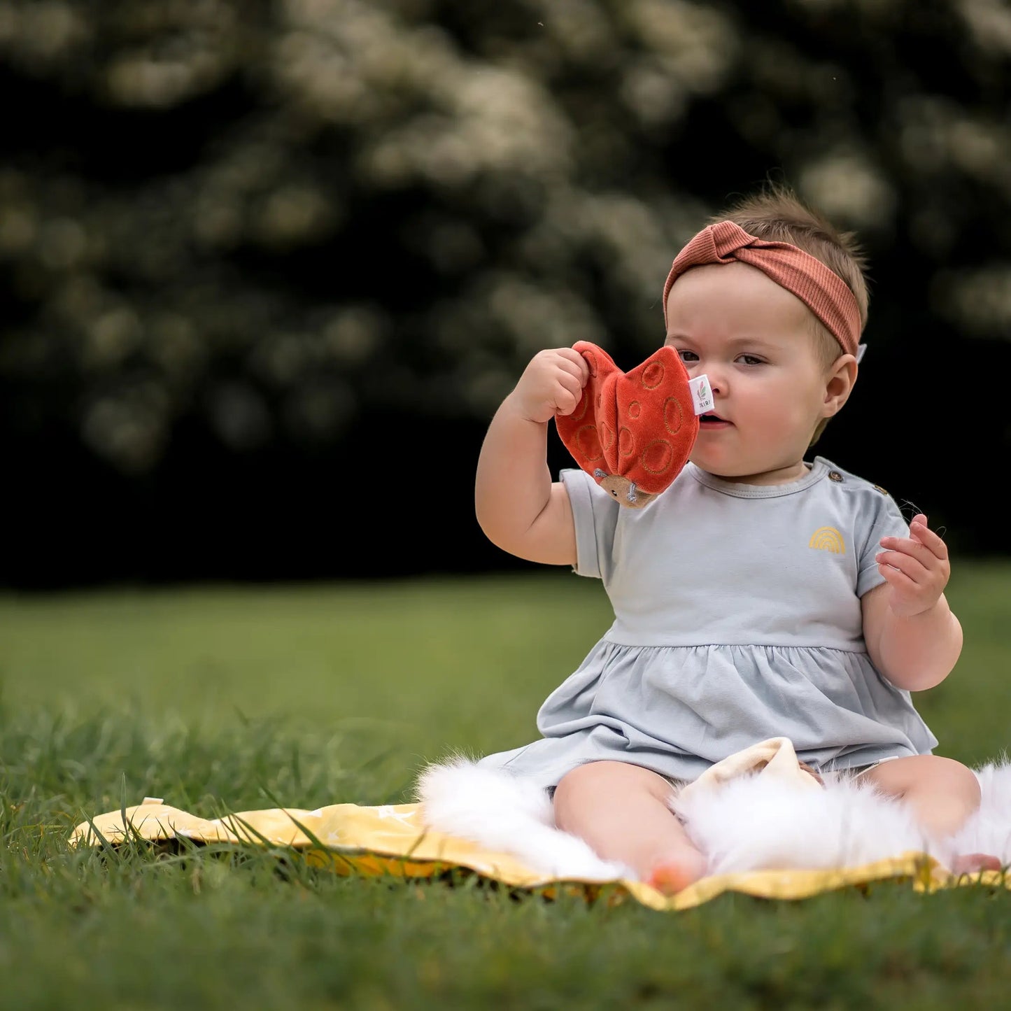 Tikiri Scrunchies - Baby on blanket in grass holding ladybug crinkle toy