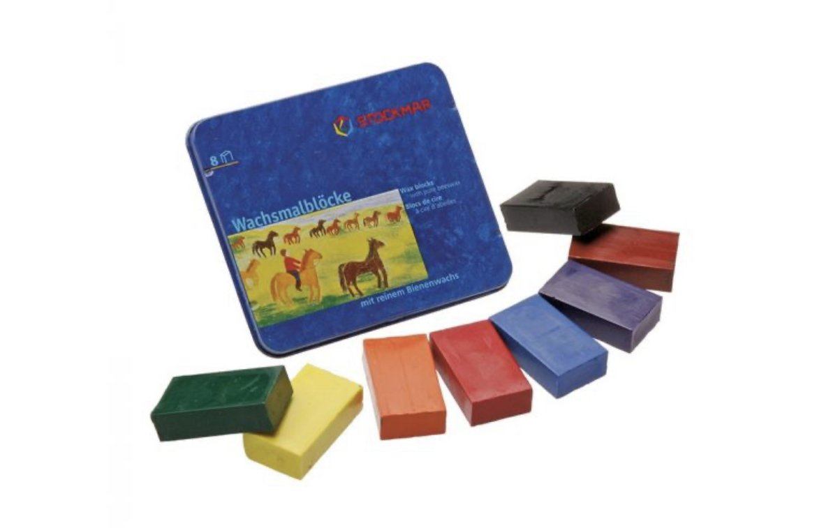 Stockmar beeswax block crayons set of 8 with tin and crayons displayed outside