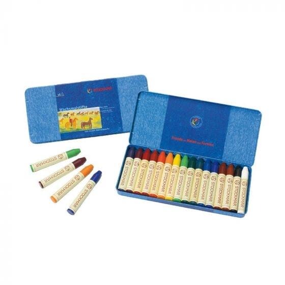 Stockmar beeswax stick crayons 16 count set in open tins showing full color range