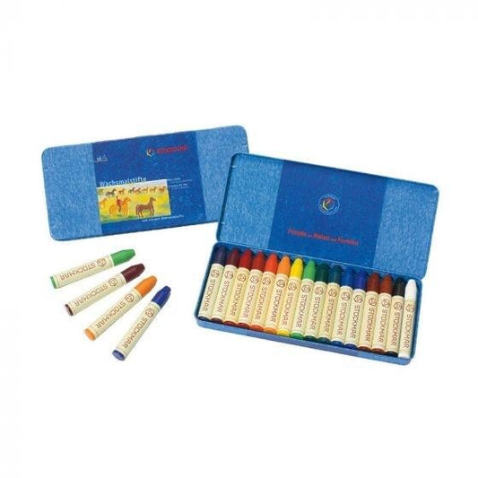 Stockmar beeswax stick crayons 16 count set in open tins showing full color range