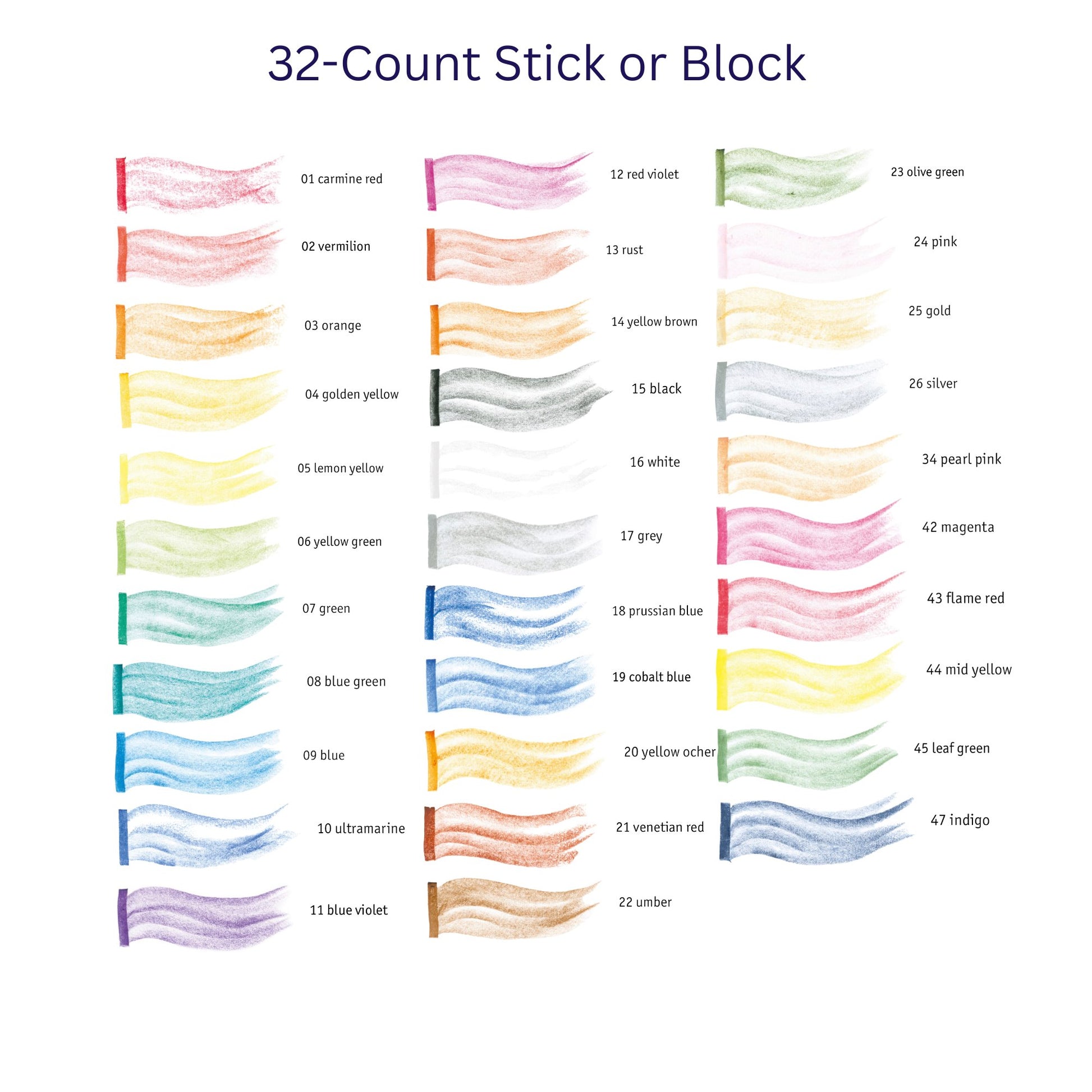 Stockmar beeswax stick crayons color chart showing full palette for 32-count