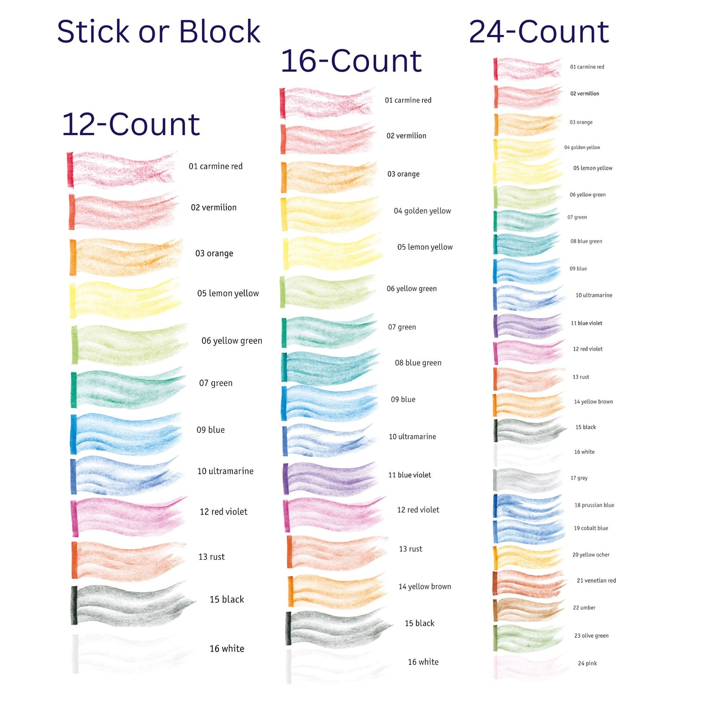 Stockmar beeswax stick crayons color chart showing full palette for 12, 16, and 24 count