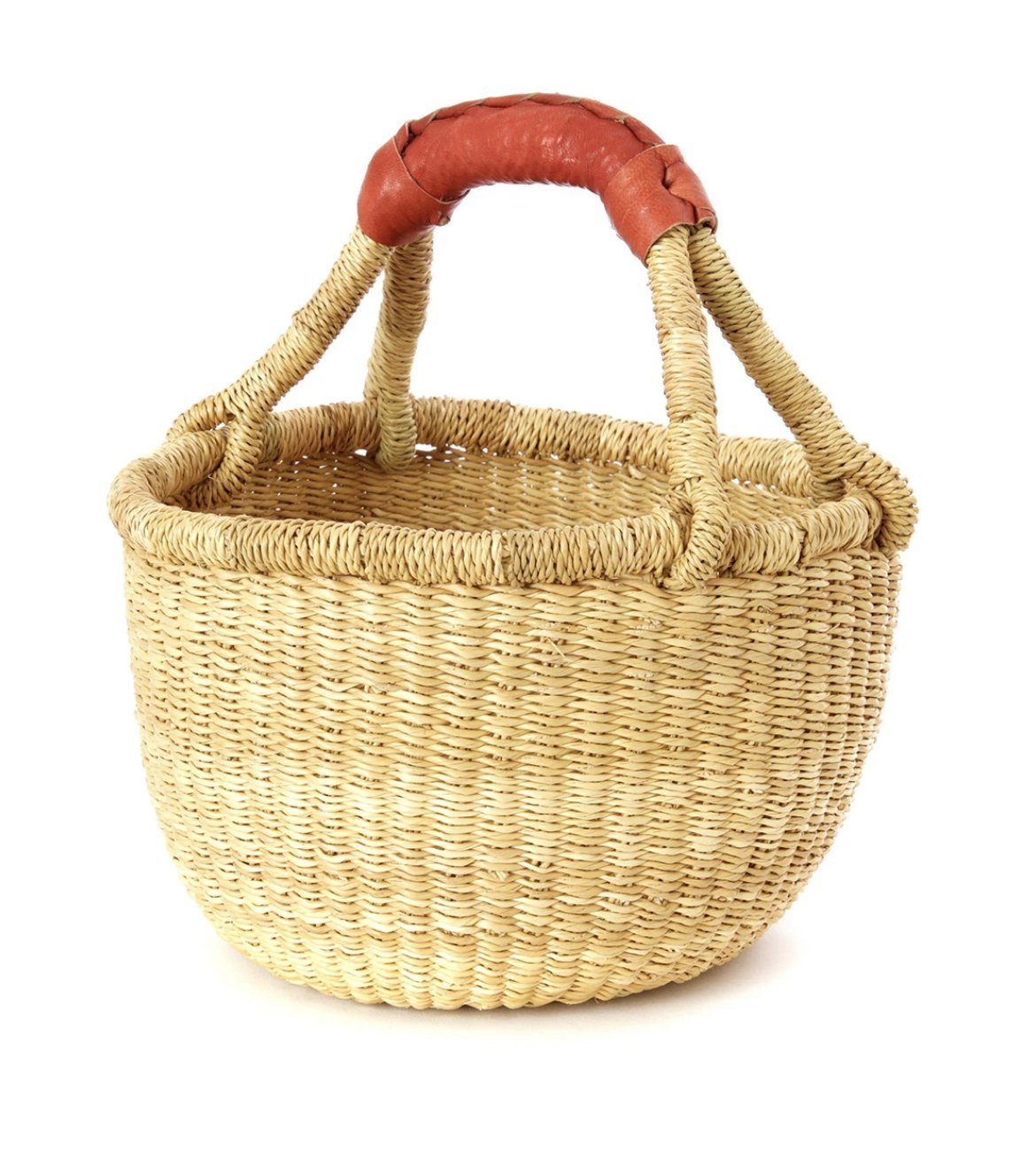 Baby Bolga Basket in natural with leather handle on a white background