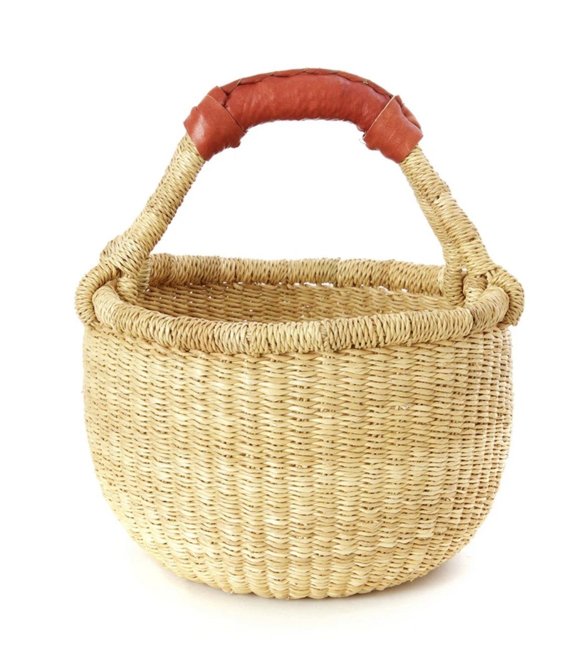 Natural handwoven gathering basket with leather handle on white background