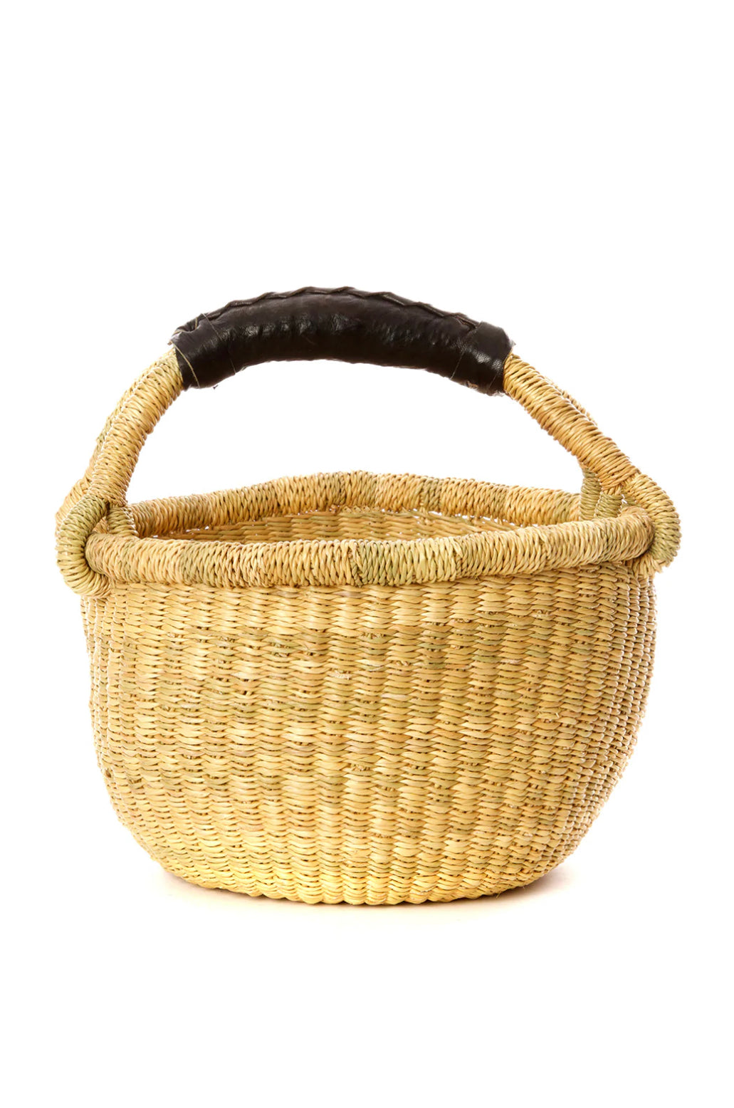 Baby Bolga Gathering Basket with Dark Leather Wrapped Handle on a white background