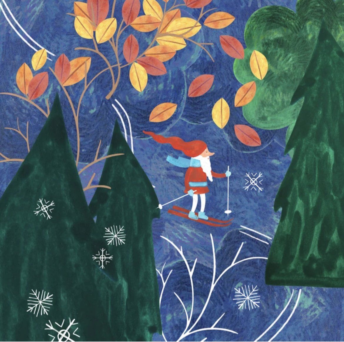 A closeup of a gnome skiing in winter on a Scandinavian Gnome Growth Chart by Ruth Scholl
