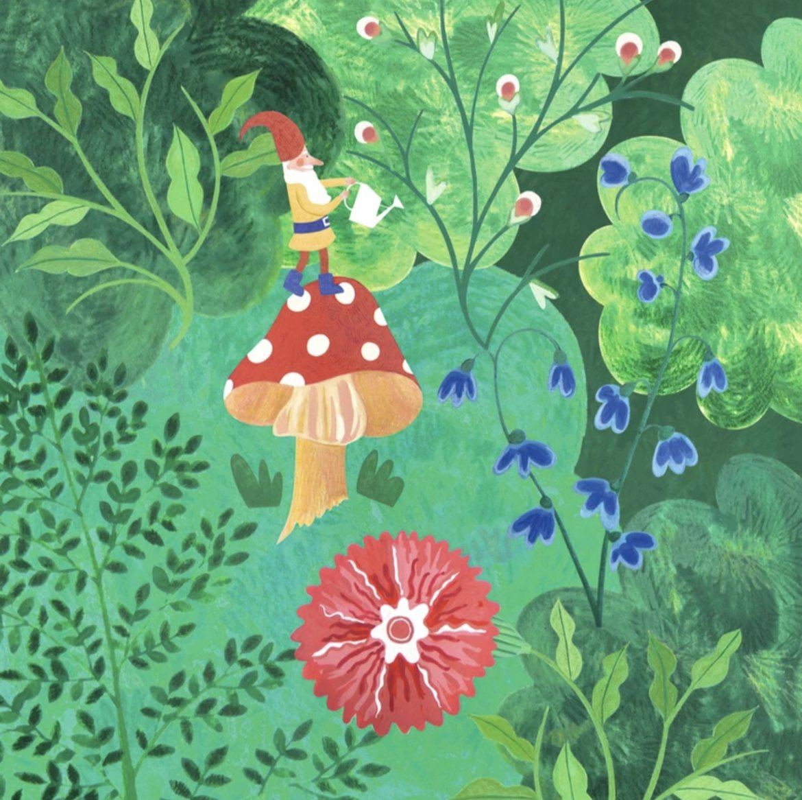 Close up of a gnome on a mushroom on Scandinavian Gnome Growth Chart by Ruth Scholl