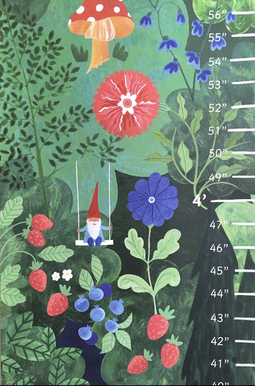 Close up of gnome swinging in berries on a Scandinavian Gnome Growth Chart by Ruth Scholl 