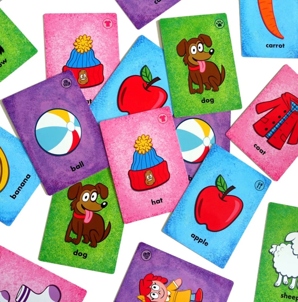 Toddler Game: Knock Knock - A First Words Game cards spread out over a white background