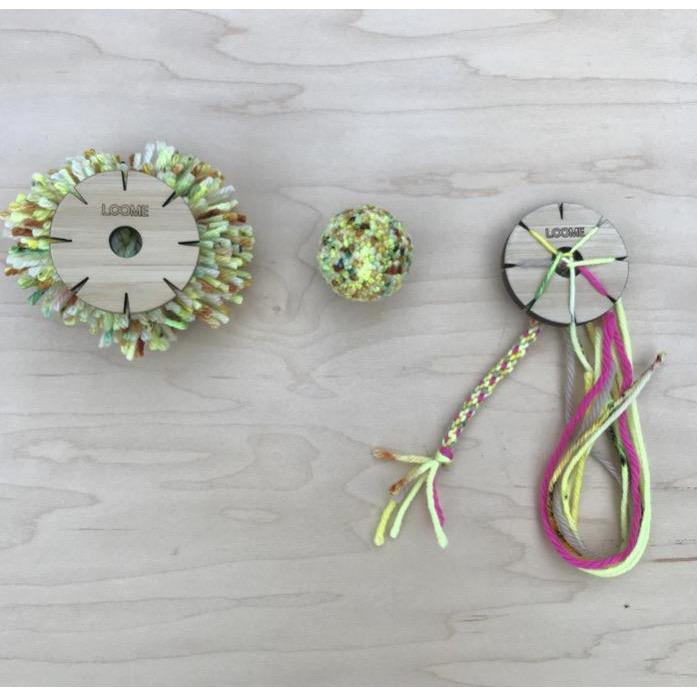 Loome kumihimo cords and pom poms made with 2-in-1 fiber arts tool for braiding and trimming