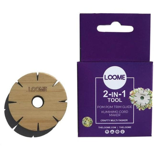 Loome 2-in-1 kumihimo maker and pom pom trimming tool with packaging, wooden fiber arts tool for braiding cords and shaping pom poms