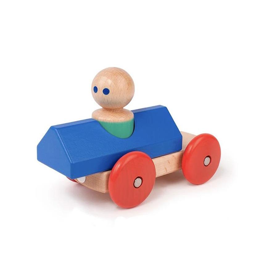 Blue and Red Tegu Magnetic Wooden Push Car showing moveable pieces