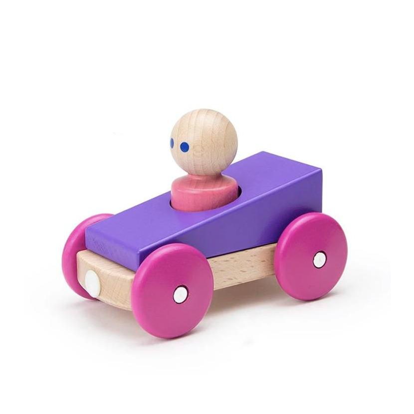 Purple and Pink magnetic woden car side angle view