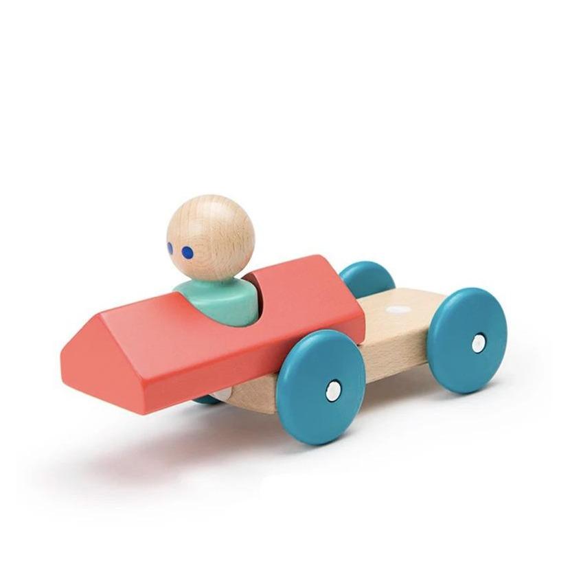 Teal and Poppy red Tegu Magnetic Wooden Push Car showing three pieces