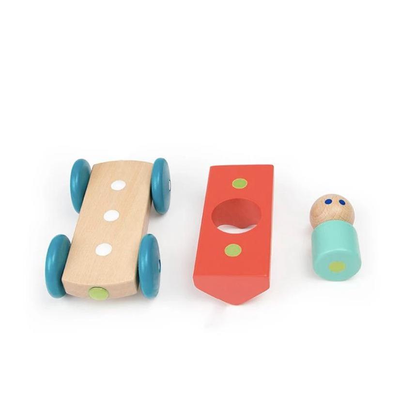Teal and Red Tegu Magnetic Wooden Push Car showing three pieces