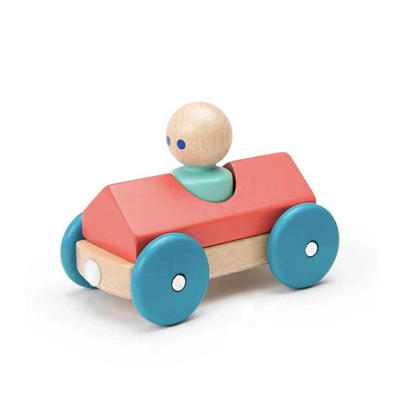 Teal and poppy red Tegu Magnetic Wooden Push Car side angle view