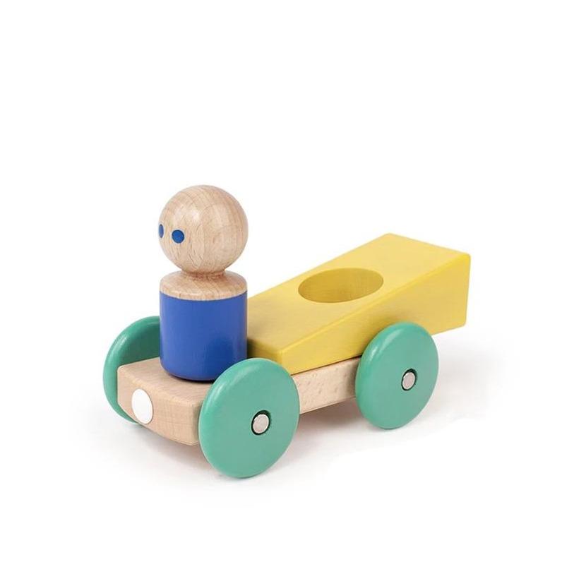 Yellow and Teal Tegu Magnetic Wooden Push Car angle views showing three pieces