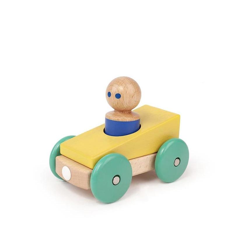 Yellow and Teal Tegu Magnetic Wooden Push Car side angle view