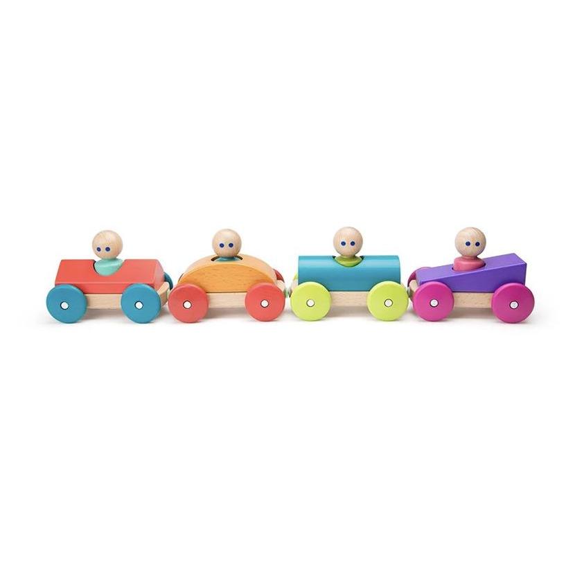 Four Tegu Magnetic Push Cars in multiple colors lined up on white background