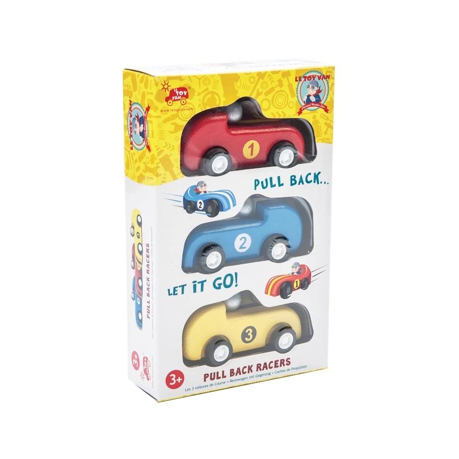 A Blue, Red, and Yellow Set of Pull Back Cars in a box by Le Toy Van