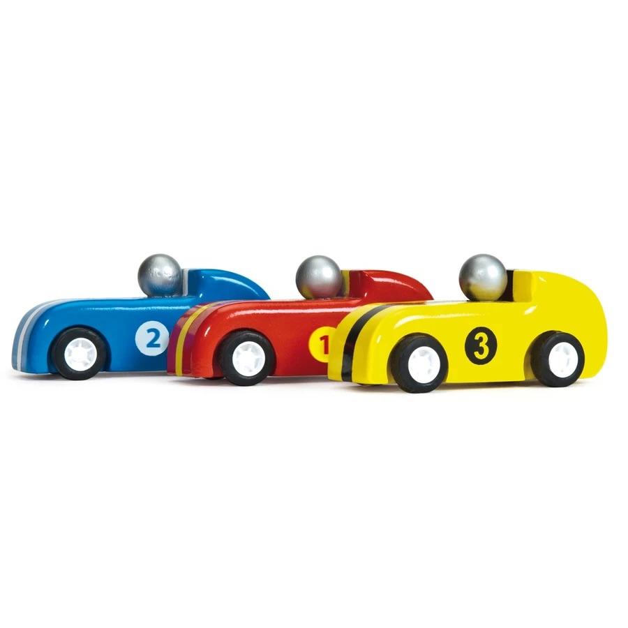 A Blue, Red, and Yellow Set of Pull Back Cars by Le Toy Van