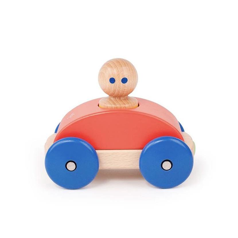 Red and blue toddler magnetic push car in a side view position
