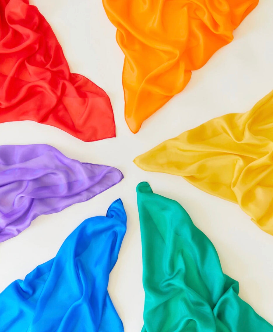 Sarah's Silks Solid Color Playsilks in Multiple Colors arranged in a circle on a White Background