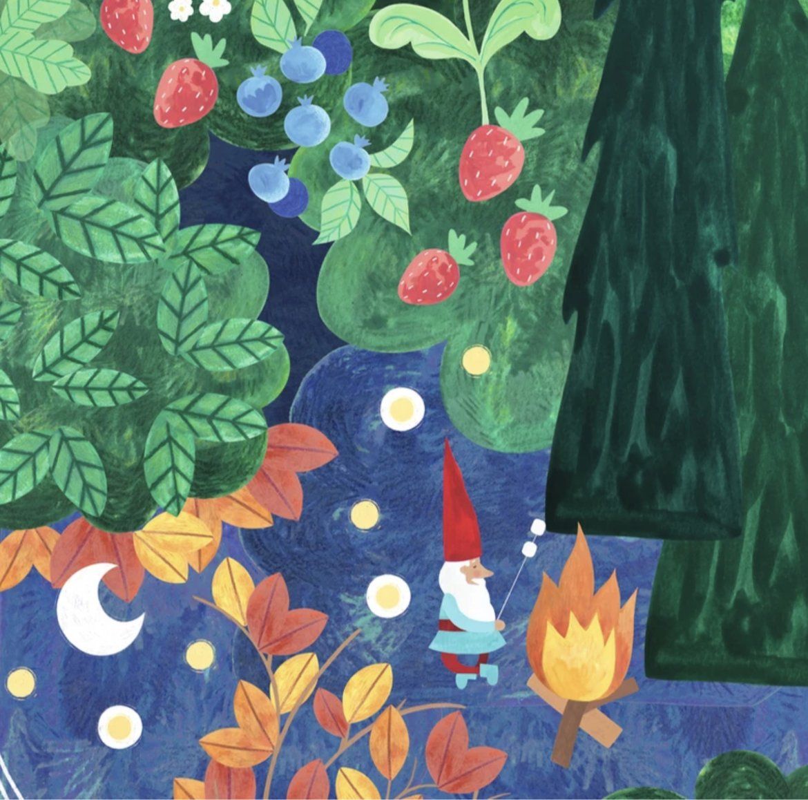 Close up of a gnome campfire summer scene on a Scandinavian Gnome Growth Chart by Ruth Scholl