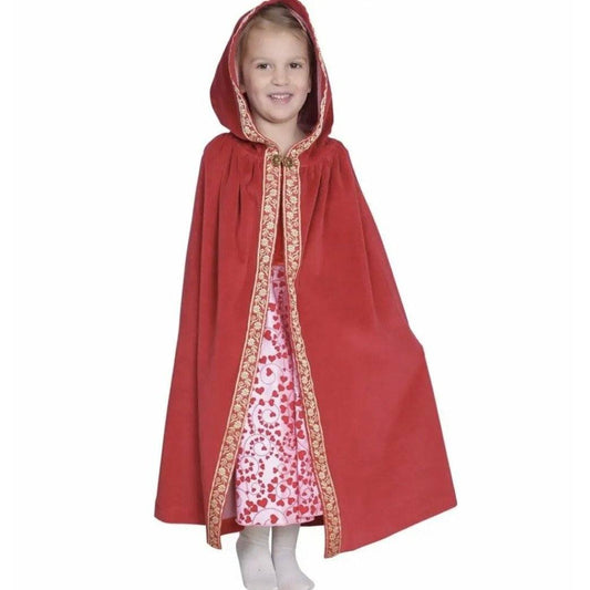 Red Hooded Cape, Jeweled Clasp, Cotton Velour - Alder & Alouette